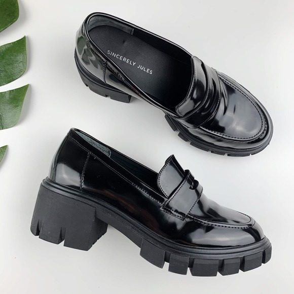 Sincerly Jules Shoes - Sincerely Jules Dylan Chunky Loafers Black Faux Patent Leather Women’s 8.5